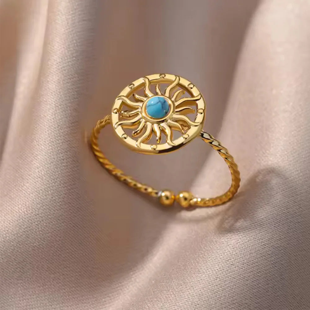 خاتم بوهيمي أزرق من حجر طبيعي للنساء والرجال، خاتم من الفولاذ المقاوم للصدأ مطلي بالذهب، تصميم مجوف قابل للتعديل، هدية مجوهرات