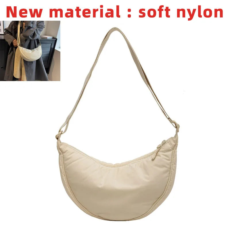 Solid Color Women's Portable Shoulder Bag Simple Female Nylon Cloth Padded Crossbody Bags Travel Purse Handbags Messenger Bag