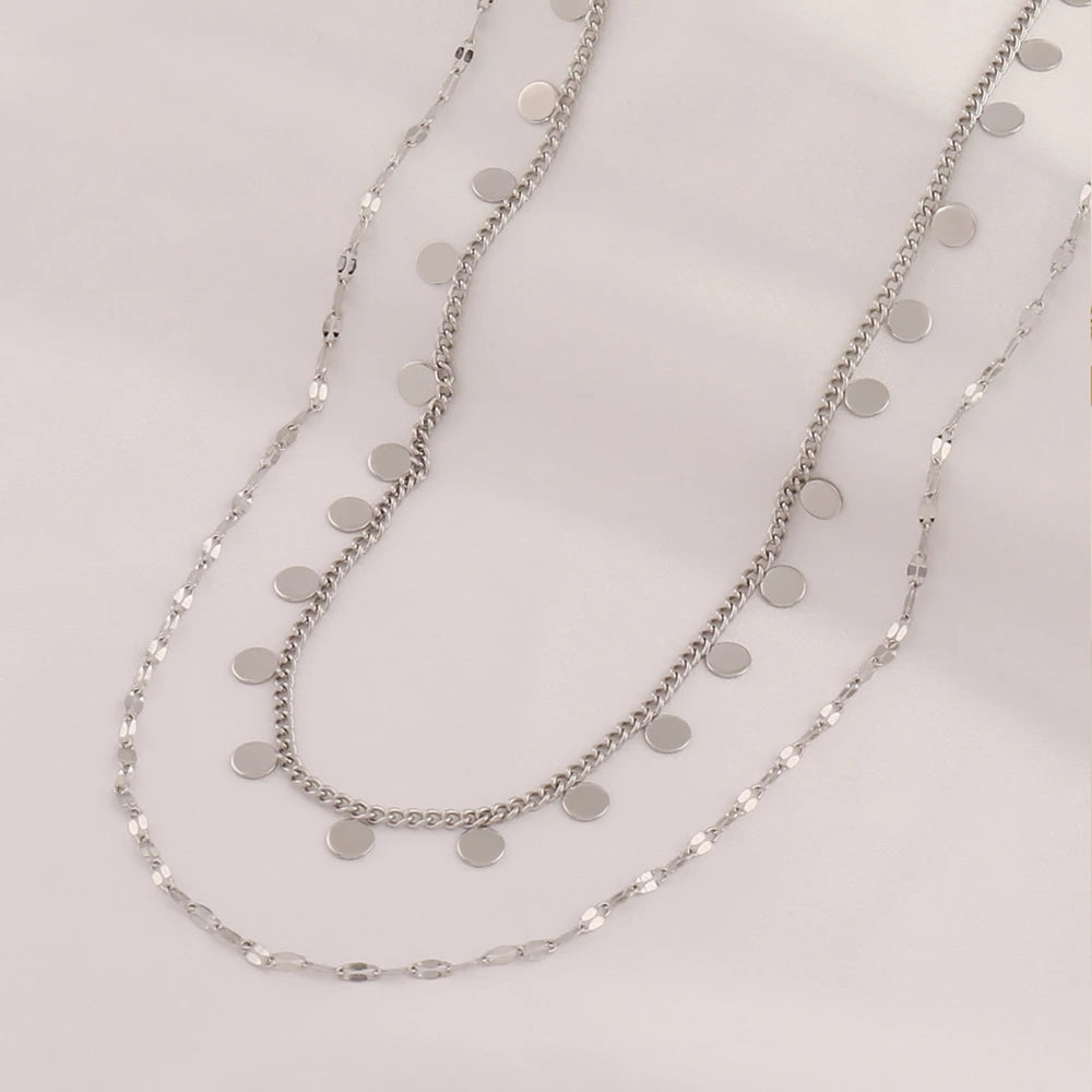 316L Stainless Steel Double Layered Round Coin Pendant Necklace For Women Fashion Simple Lip Chain Necklaces Female Jewelry Gift