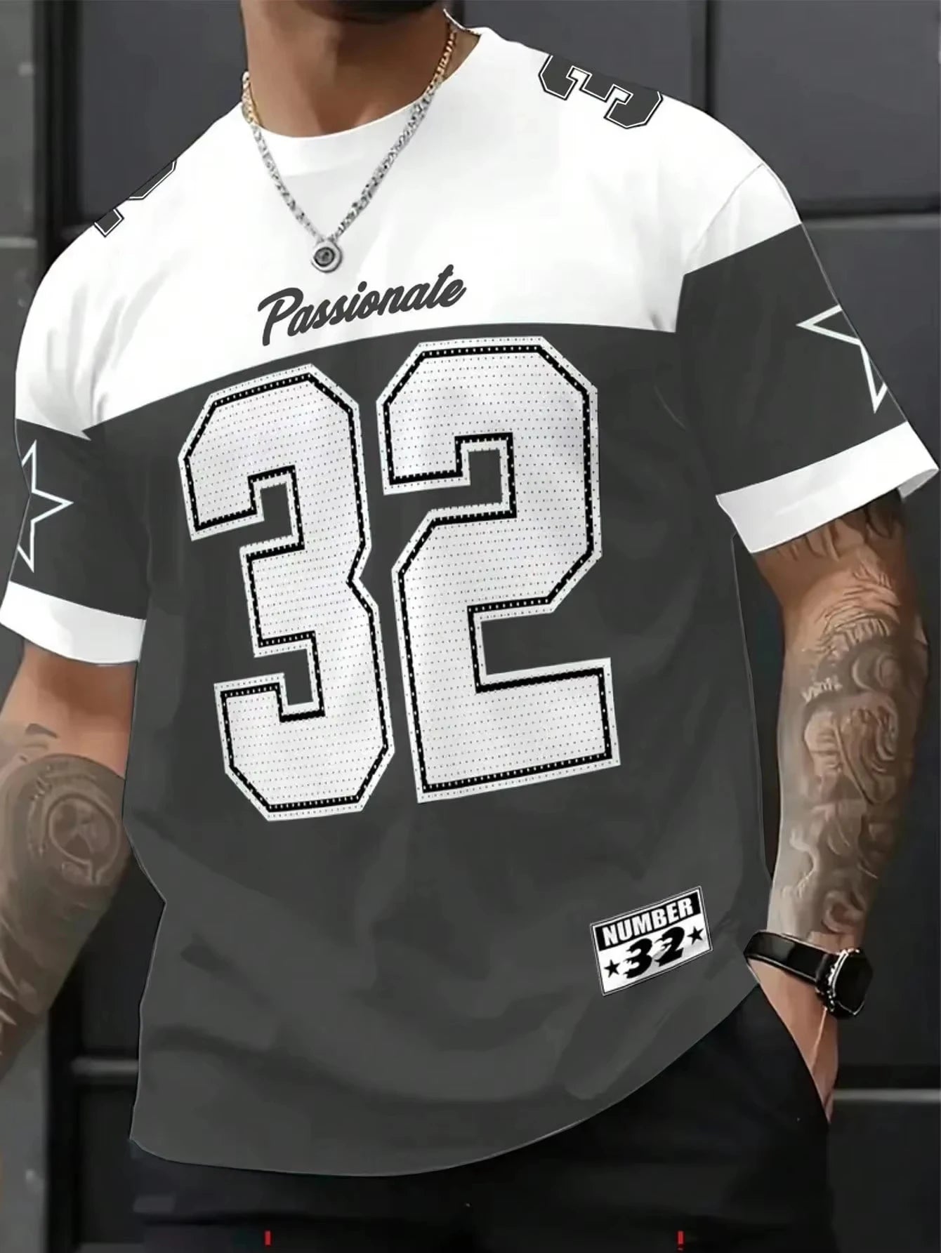 تي شيرت رجالي جديد موديل 2025 رقم 32 مطبوع عليه نمط أمريكي بأكمام قصيرة ورقبة دائرية وقميص كرة سلة عتيق ملابس رجالية