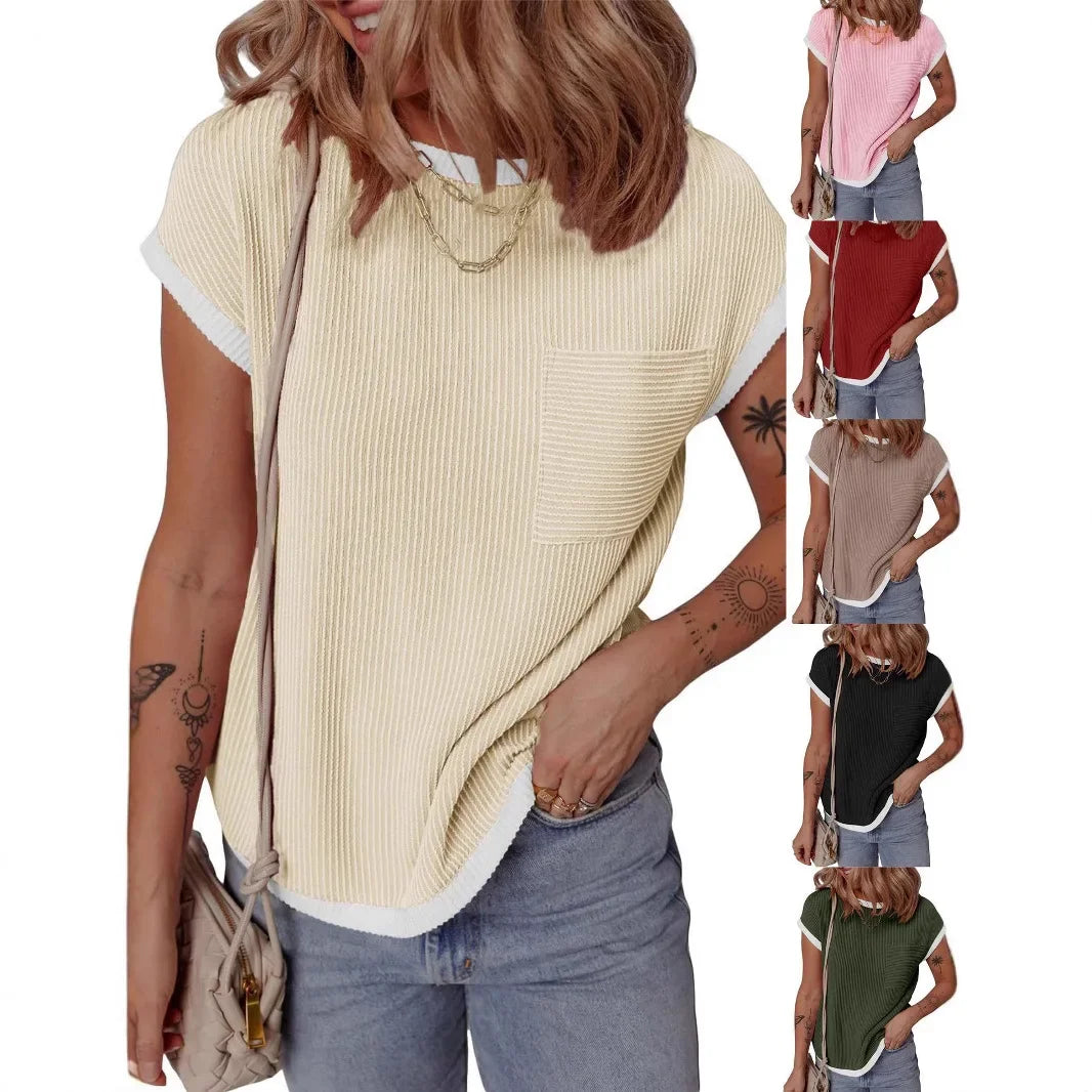 تيشيرت نسائي صيفي جديد لعام 2025، بياقة دائرية، محبوك بخطوط ملتوية، بتصميم كاجوال، بألوان متناقضة