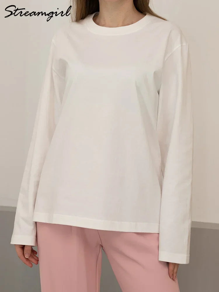 تي شيرت ستريم جيرل بأكمام طويلة للنساء مصنوع من القطن بنسبة 100%، تي شيرتات أساسية سادة برقبة دائرية، تي شيرتات فضفاضة كاجوال، تي شيرتات بيضاء للسيدات 2024