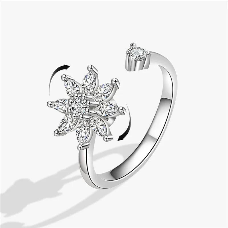 خاتم سبينر أنيق للنساء، متعدد الكريستالات على شكل زهرة عباد الشمس، خواتم أصابع دوارة مضادة للتوتر، هدية زفاف