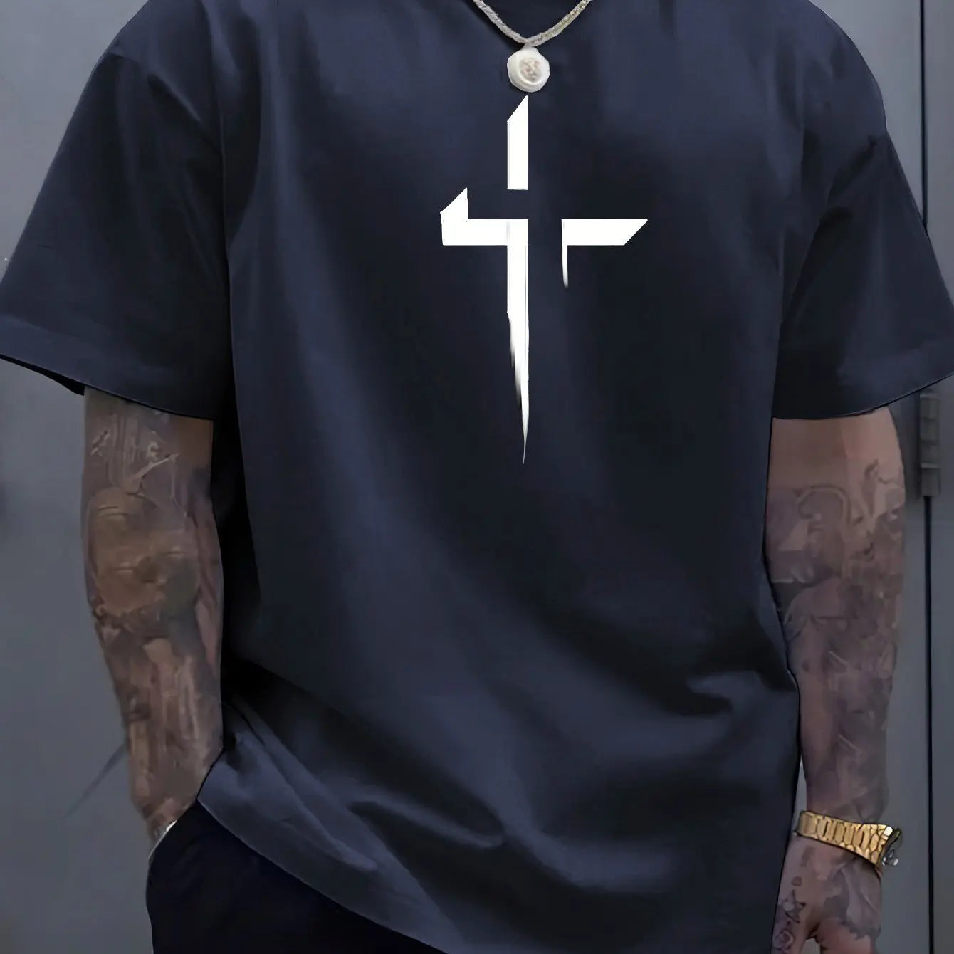 تيشيرت صيفي رجالي قطني 100%، فضفاض، بمقاسات كبيرة، مطبوع عليه شعار Cross Creative، مريح، بياقة دائرية وأكمام قصيرة