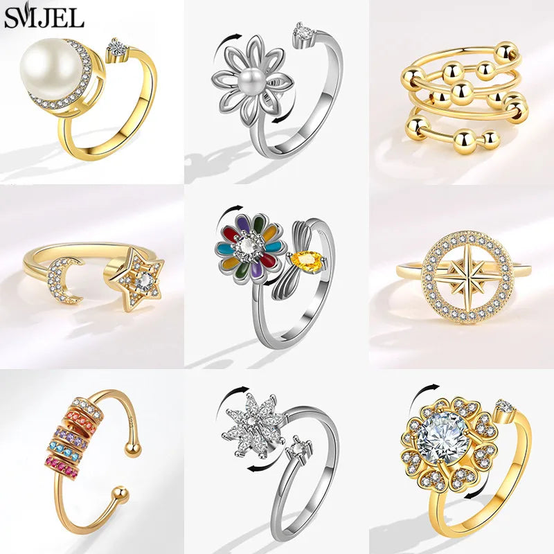 خاتم فاخر مضاد للقلق والاسترخاء للنساء، مرصع بالكريستال على شكل زهرة ونجمة وقمر، مصنوع من المعدن والنحاس، مع حلقة دوارة لتخفيف التوتر، هدية مجوهرات