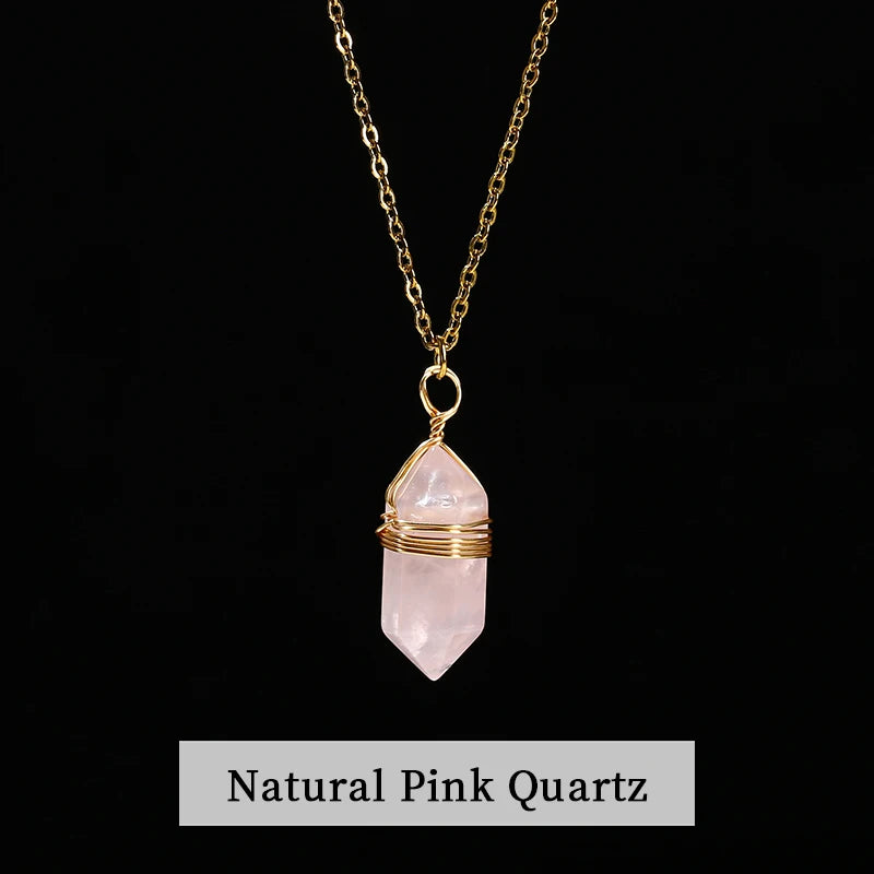 Change Better Natural Pink Quartz Amethyst Hexagon Column Pendant Necklace Women Men Handmade Stainless Steel Chain Choker Gift