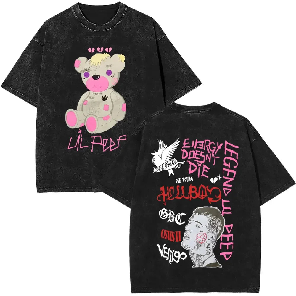 2025 مغني الراب ليل بيب ألبوم موسيقى Bear Crybaby Vintage Washed T Shirts للرجال والنساء هيب هوب فضفاضة بأكمام قصيرة تي شيرتات الشارع