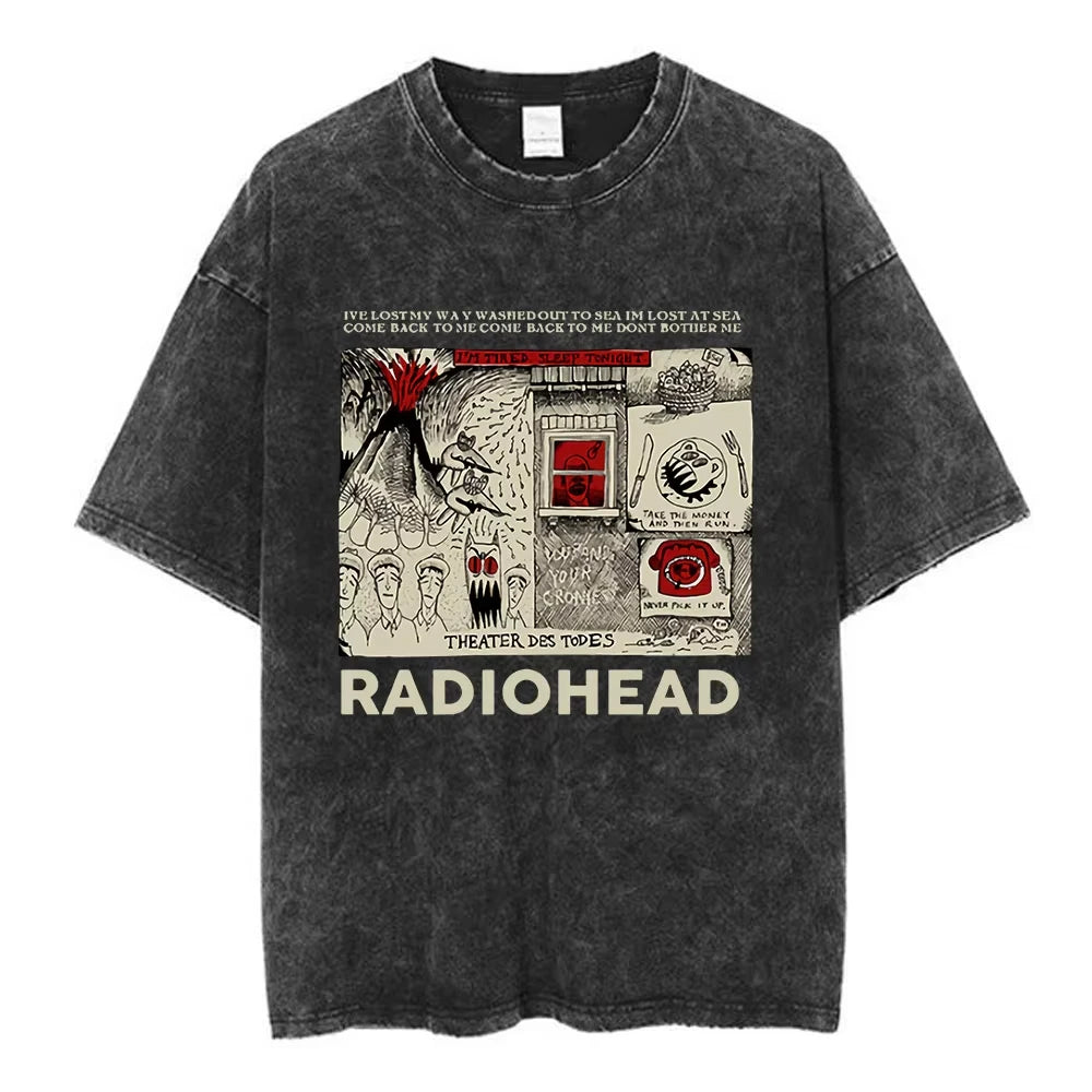 تي شيرت Radiohead Rock Band OK Computer Vintage Washed للرجال والنساء تي شيرتات هيب هوب عصرية 100% قطن تي شيرتات كاجوال ملابس الشارع