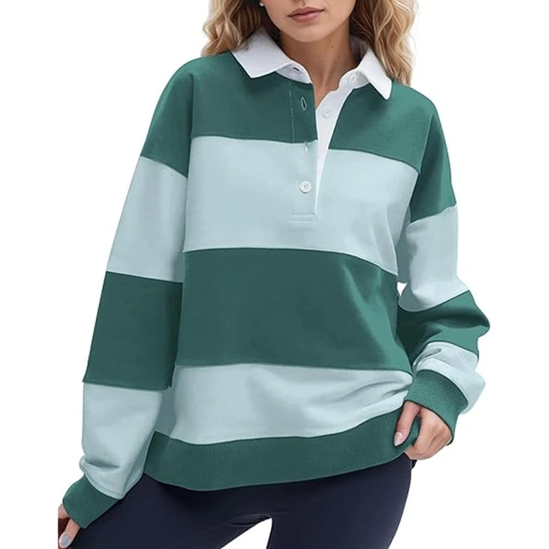 سويت شيرت نسائي واسع بأكمام طويلة وياقة وأزرار وخطوط بألوان متباينة وقمصان فضفاضة بتصميم Y2K وقمصان رغبي أنيقة