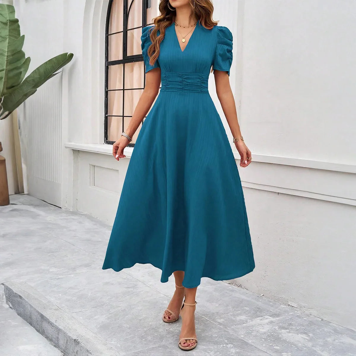 Solid Color Casual Slim Long Dresses For Women Fashion Summer Women's Puff Sleeve A Line Midi Dress Elegant Vintage Female Dress