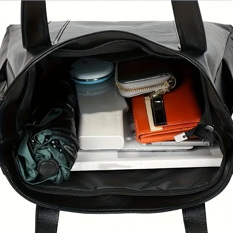 1pc Spacious PU Solid Color Shoulder Bag - Durable, Zipper Portable Double Handle Tote Bag with Large Capacity - Perfect Commute