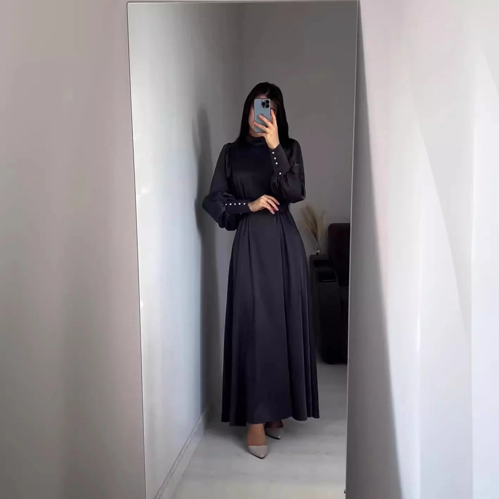 Solid Color Long Sleeve Muslim Dress Women Slim Fit Belt Morocco Party Dresses Ramadan Islam Dubai Abaya Arab Long Dress Vestido
