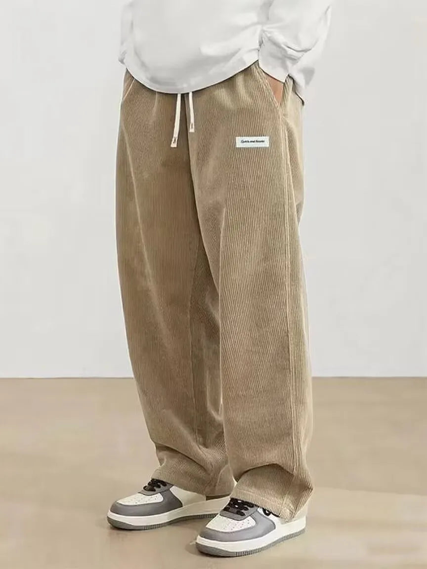 Mens Corduroy Casual Pants Fashion Loose Fit Baggy Pant Straight Sweatpants Elastic Waist Drawstring Outdoor Streetwear New 2025