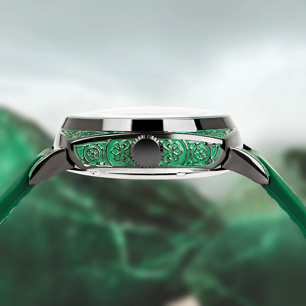 ساعة نسائية جديدة ذات شريط ذهبي أخضر بسيطة أنيقة رائعة منحوتة مضيئة أوتوماتيكية بالكامل ميكانيكية