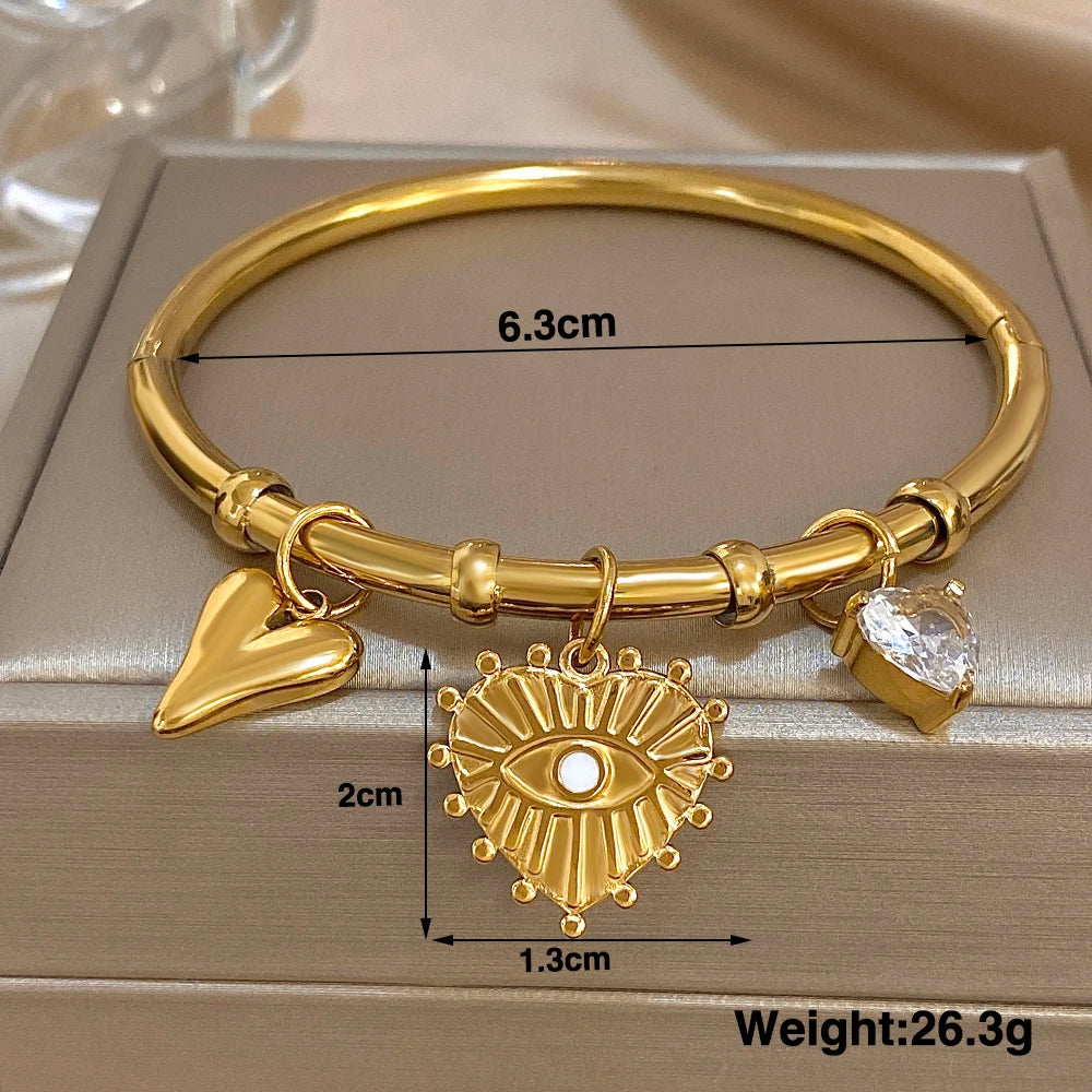سوار أنيق من الفولاذ المقاوم للصدأ للنساء مطلي بالذهب على شكل قلب من الزركون وعين الشيطان مع أساور مجوهرات هدايا