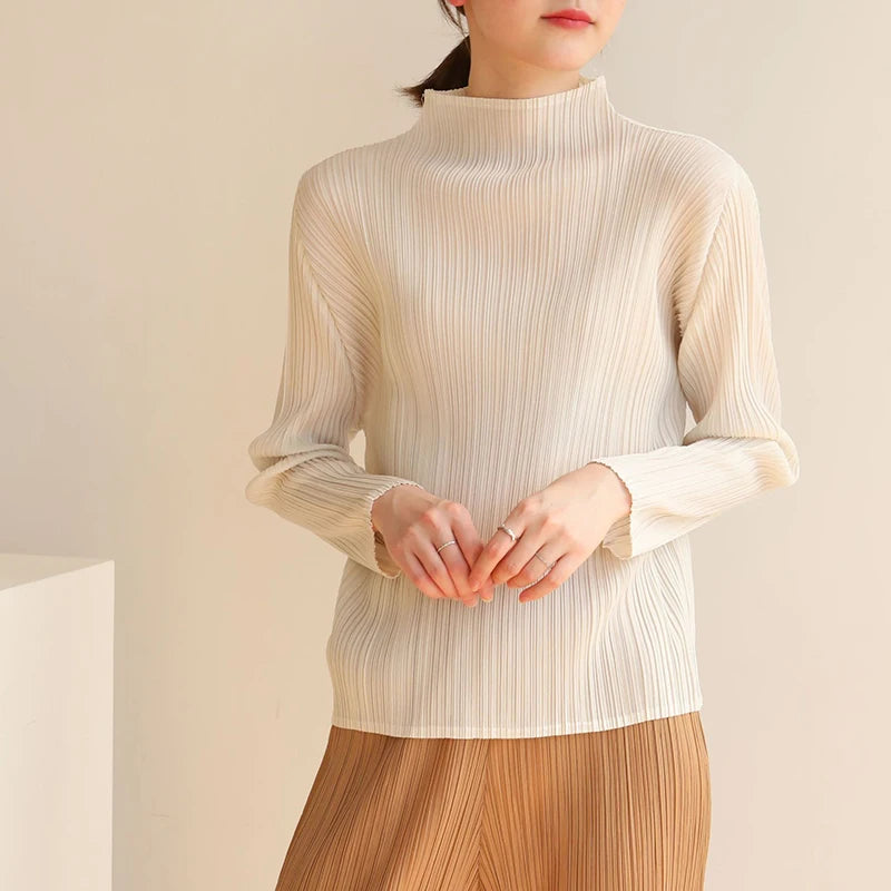 Miyake Pleated T-Shirt Woman Stand Collar Solid Color Loose Wild Full Sleeve Pullover Tops Causal Style Over Size Fall 2022 New
