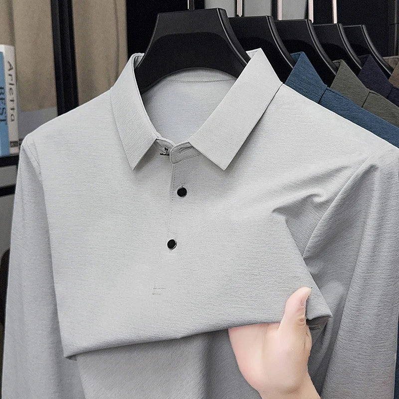 تي شيرت رجالي بأكمام طويلة مناسب للربيع والخريف، بتصميم رقيق، مناسب للأب في منتصف العمر، مع بلوزة بياقة وقميص بولو أساسي