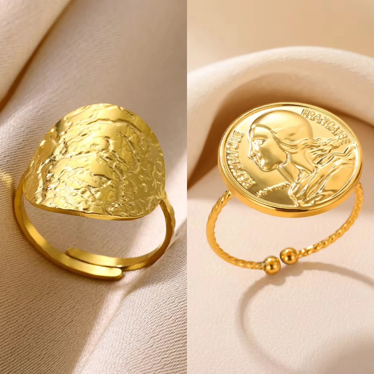 خاتم عملة معدنية من الفولاذ المقاوم للصدأ بلون ذهبي، سطح عريض، تصميم بيضاوي، إكسسوارات مجوهرات أنيقة وعصرية للنساء، هدية مثالية.