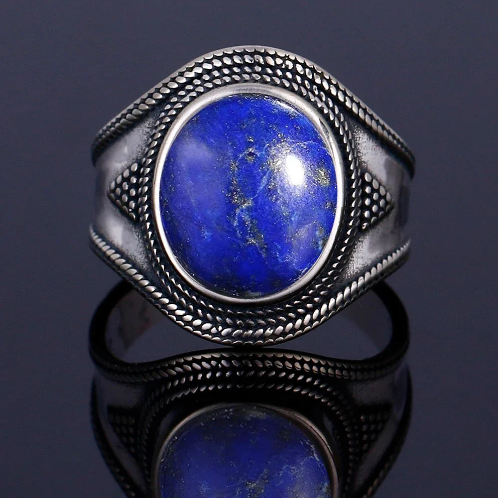 خاتم فضة عيار 925 مرصع بحجر اللازورد الطبيعي الكبير بيضاوي الشكل، مناسب للنساء والرجال، هدية مميزة، خاتم عتيق كبير الحجم، مجوهرات فاخرة بالجملة