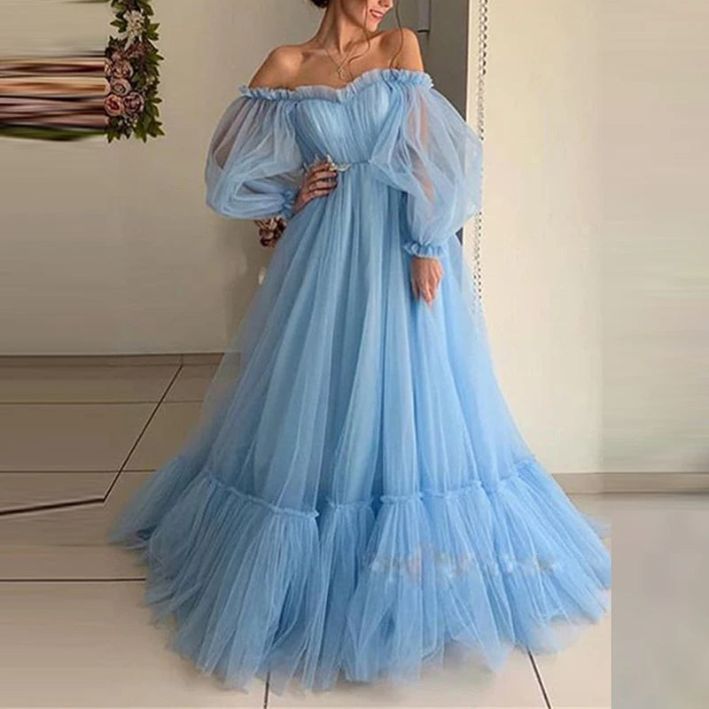 Women Long Sleeve Big Hem Evening Dress Luxury Mesh Ruffles Princess Dresses Elegant Off Shoulder Banquet Solid Party Long Dress