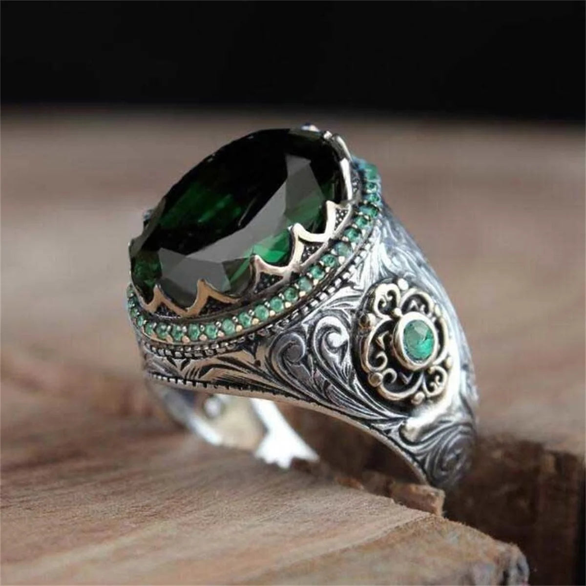 Retro Handmade Turkish Signet Ring For Men Women Ancient Silver Color Carved Eagle Ring Green Zircon Inlay Punk Motor Biker Ring