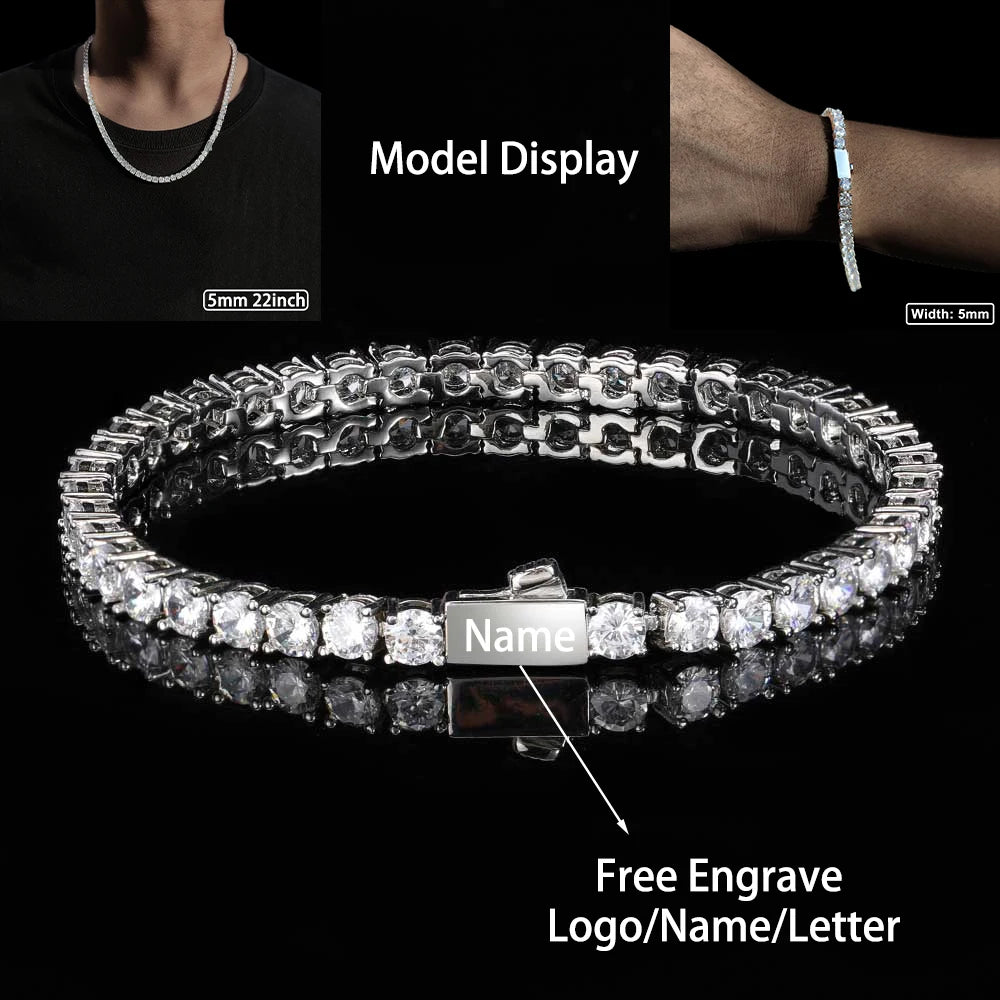 قلادة من مادة النحاس والزركون اللامع بطول 3 مم و4 مم و5 مم، سلسلة تنس من صف واحد، للرجال والنساء، مجوهرات مثلجة، نقش مجاني للاسم