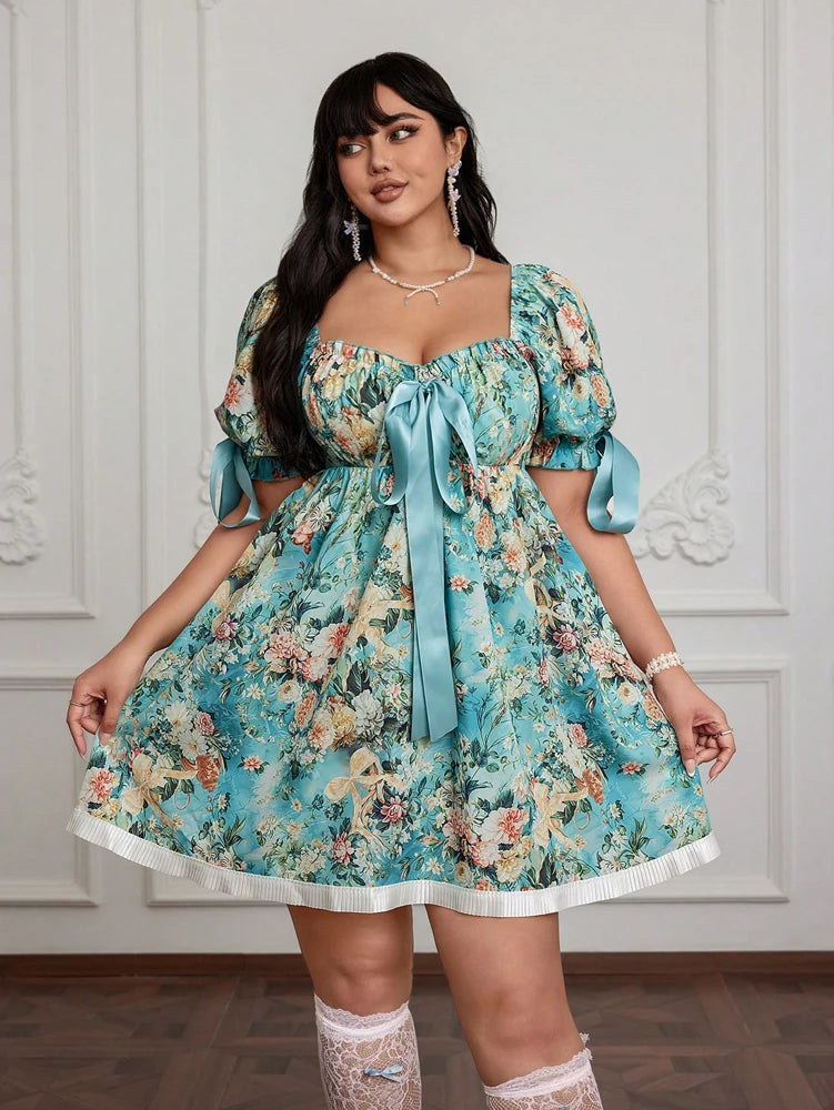 Plus Size Ladies Romantic Teenager Romantic Floral Pattern Short Sleeve Square Neck Dress Elegant Chinese Ladies