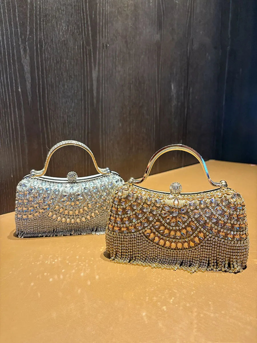 حقيبة كلاتش مسائية مرصعة بالألماس، مزينة بشراشيب ذهبية، حقائب يد وحقائب يد معدنية مرصعة بأحجار الراين، لحفلات الزفاف والزفاف