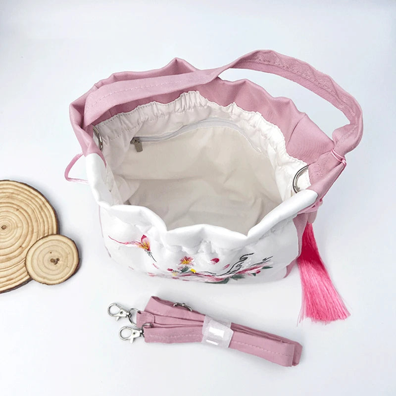 حقائب كتف نسائية بتصميم صيني عتيق مطرزة بالزهور، مزودة بمقبض علوي، وحزام كتف، ورباط، وحقيبة دلو، ومحفظة نقود، وحقائب يد.