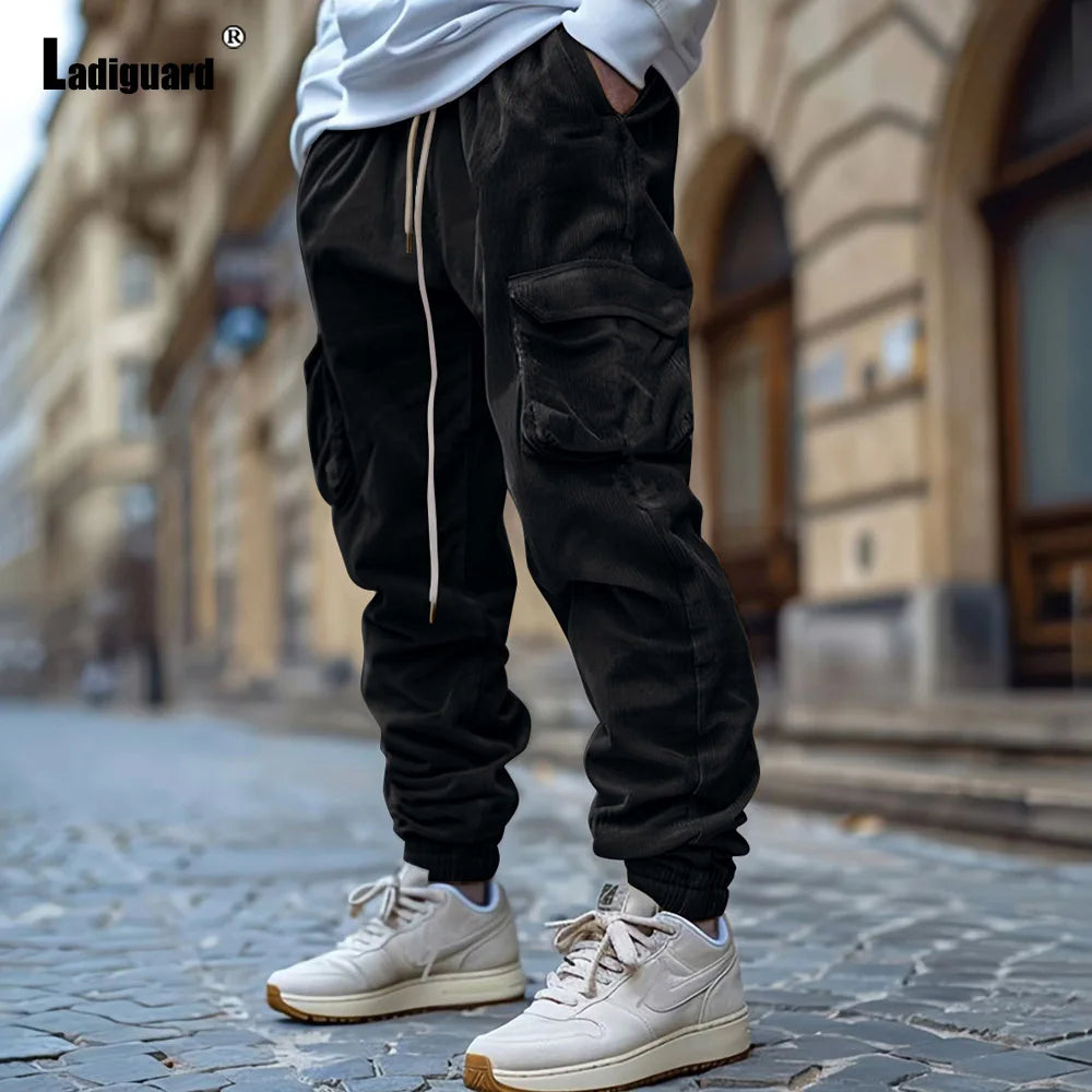 Men's Stand Pocket Corduroy Cargo Pants 2024 Autumn Basic Full-Length Trouser Plus Size Mens Casual Drawstring Sweatpants New