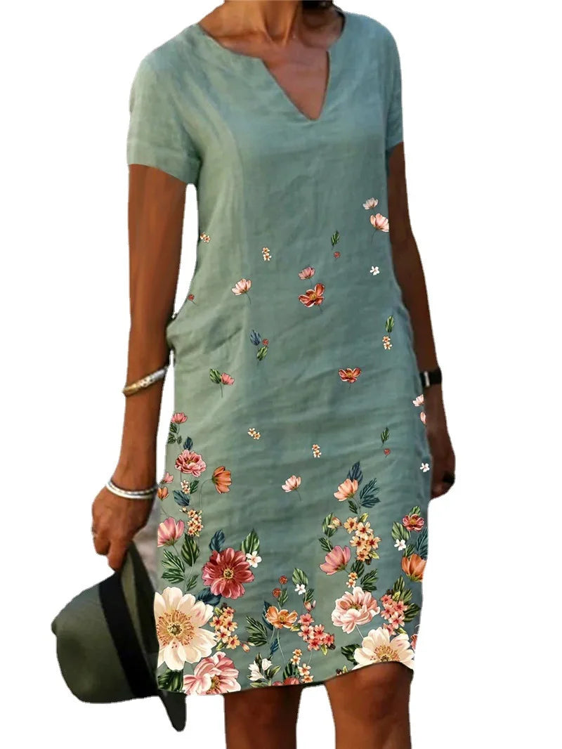 2024 Summer Elegant Women Dress Oversize Printed V-neck Dresses Female Spring Trendy Beach Fashion Casual Loose Clothes Ladies