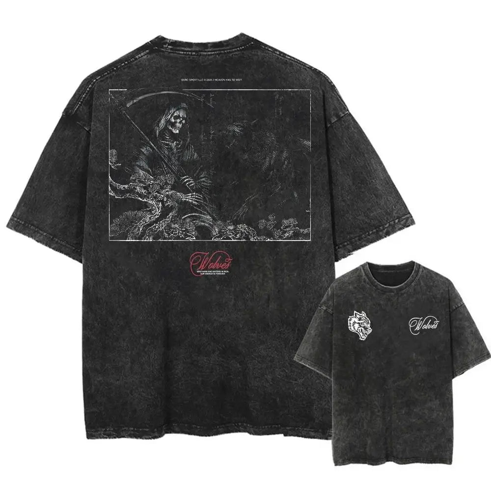 تي شيرت رجالي مطبوع عليه ذئاب من دارك سبورت، ملابس قطنية للأولاد، بأكمام قصيرة، تي شيرت رياضي مغسول، لياقة بدنية