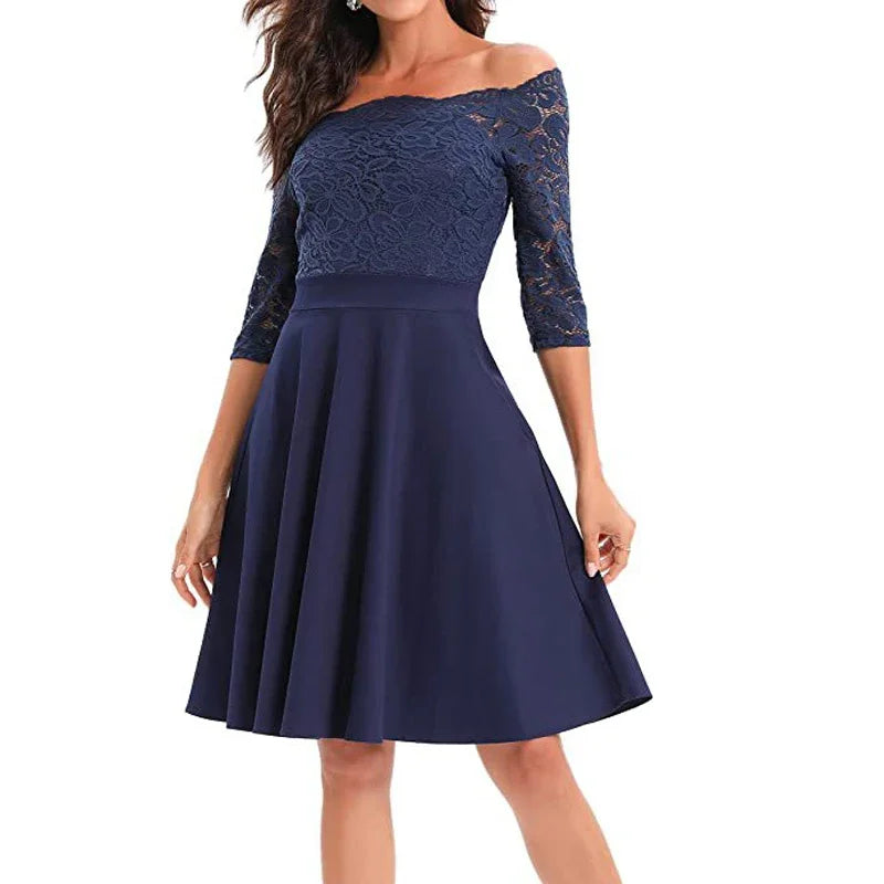 Women Elegant Wedding Bridesmaid Dinner Dress Sexy Lace Off Shoulder Party Dresses Solid Color Half Sleeve Evening Gown Vestido