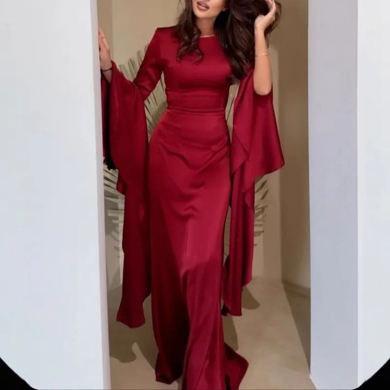 Dress For Women Elegant Solid Color Round Neck Casual Party Long Dresses Simple Sleeve Loose Evening Dresses Vestidos Para Mujer