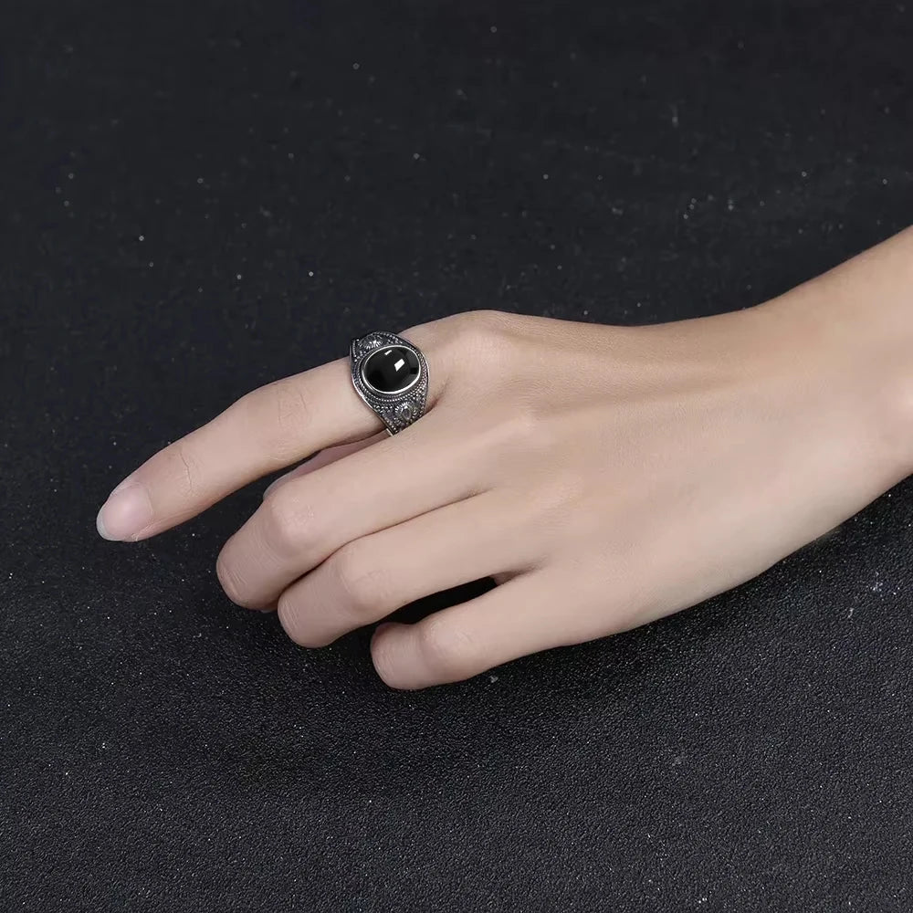 خواتم عتيقة من الفضة الإسترلينية عيار 925، خواتم بيضاوية الشكل مقاس 8×10 مم، مصنوعة من حجر العقيق الأسود الطبيعي، مجوهرات فاخرة للرجال والنساء، خواتم من حجر الرودوكروزيت
