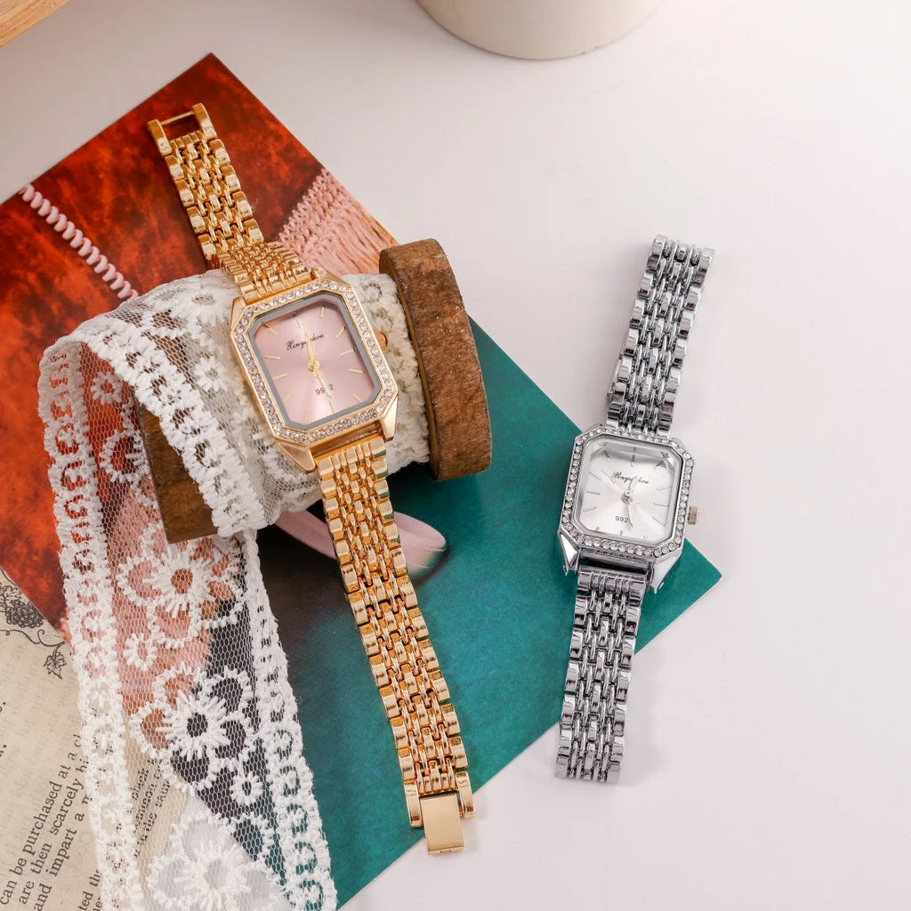 Elegant Women's Quartz Watches Classic Gold and Silver Colors Square Dial Rhinestone-set Bezel Fashion Female Watch Accessories