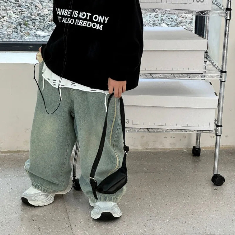 Kids Jeans Loose Straight Pants 2025 Autumn New Korean Boys' Fashion Retro Style Jeans Children's Pants Girls Clothes