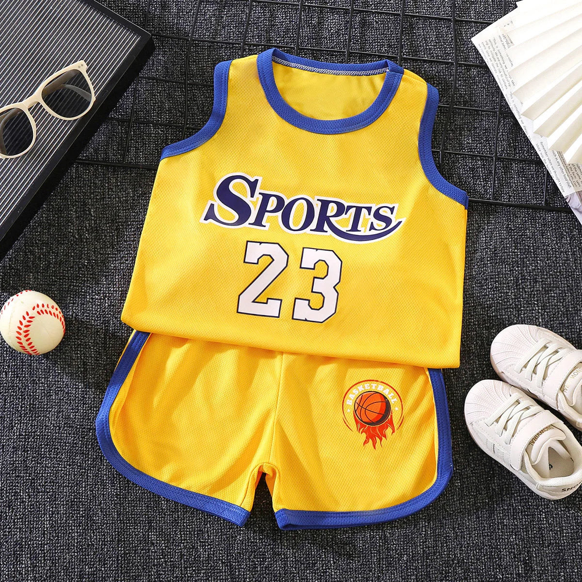 Kids Sports Set for Boys and Girls Baby Basketball Jersey Summer Mesh Tank Top Shorts Quick Dry Set Summer Sportswear