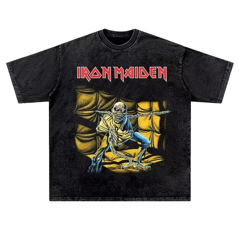 تي شيرت رجالي ونسائي عتيق من LRON Maiden Iron Lady Rock Washed بتصميم هيب هوب أمريكي عتيق بأكمام قصيرة ونصف عصرية