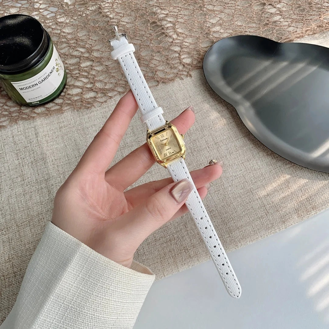 ساعة نسائية صغيرة مربعة المينا، سوار جلدي رفيع، ساعة يد أنيقة كوارتز، ساعة نسائية كاجوال