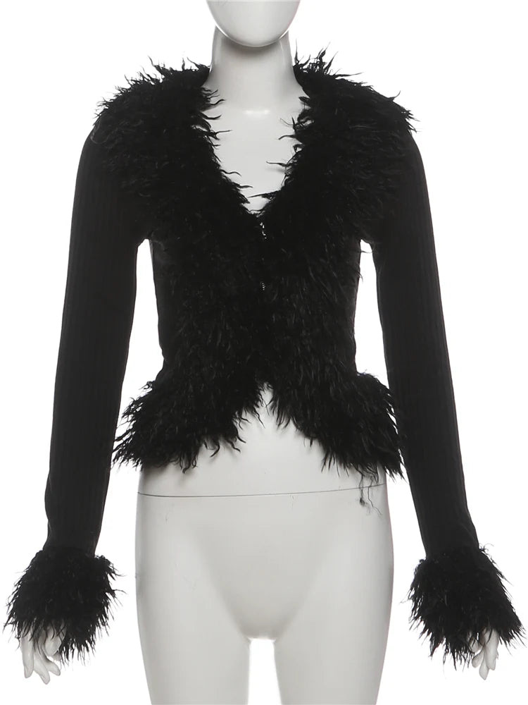 سترة نسائية من الفرو بتصميم قطة غريبة ورقبة على شكل حرف V، موضة خريفية مجعدة، موضة بانك مثيرة، معطف ضيق مطاطي من الشارع