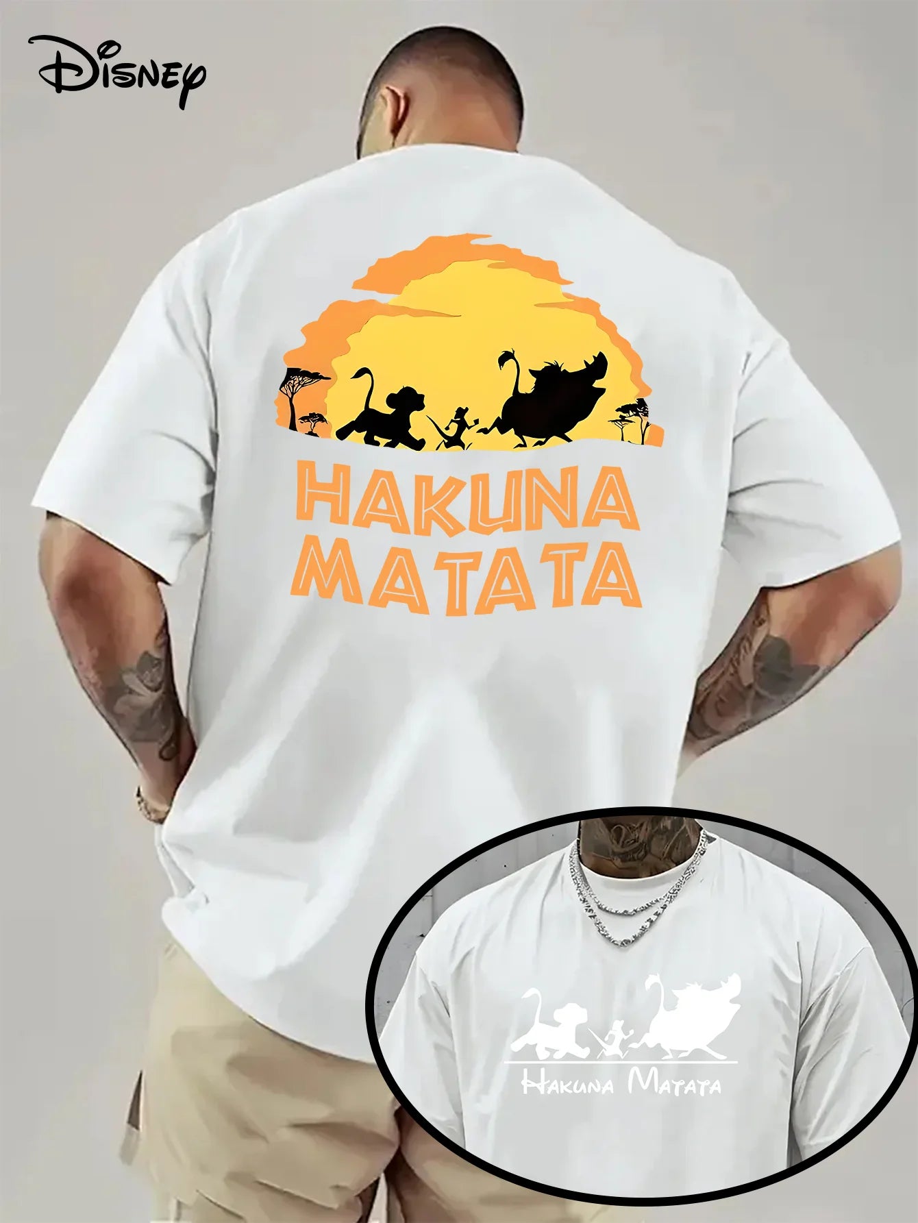 تيشيرت رجالي من ديزني بتصميم هاكونا ماتاتا، مصنوع من القطن، بأكمام قصيرة، مقاس كبير وفضفاض، مناسب للجنسين، مثالي للعطلات العائلية