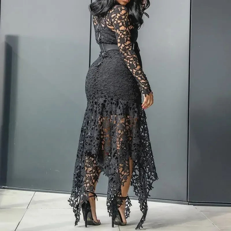 Ladies Elegant Lace Maxi Dress Women Wedding Evening Party Bodycon Long Sleeve Dresses Plus Size Fashion