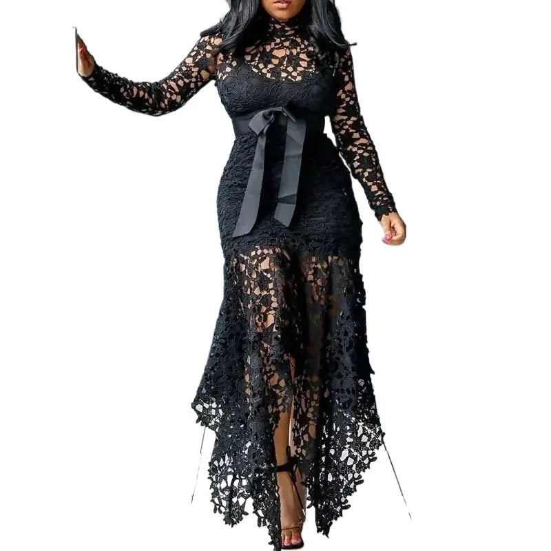 Ladies Elegant Lace Maxi Dress Women Wedding Evening Party Bodycon Long Sleeve Dresses Plus Size Fashion