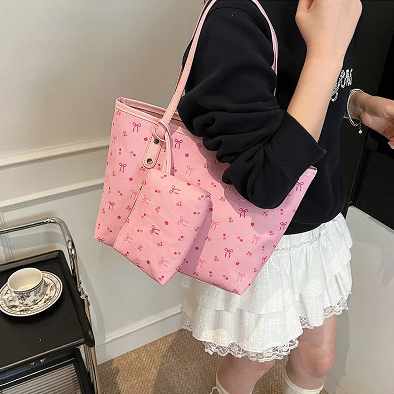 طقم من قطعتين من حقائب الكتف النسائية الأنيقة، مناسبة للتنقلات اليومية والتسوق، حقيبة حمل عملية، حقائب يد نسائية مزودة بمحافظ.