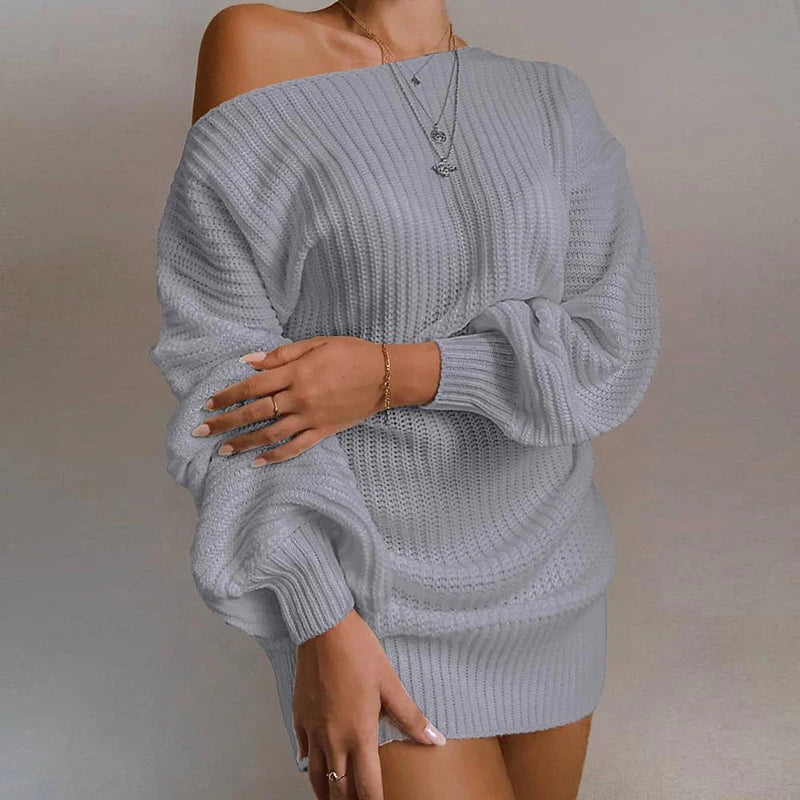 Fashion Off Shoulder Sweater Dress for Women Solid Color Balloon Sleeve Long Knitted Sweaters Woman Wild Warm Sweater Dresses