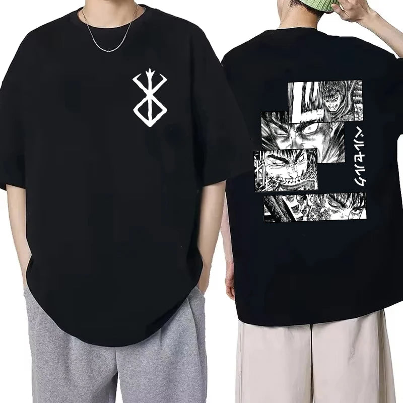 تيشيرت أنمي ياباني Berserk، مطبوع عليه صورة غاتس، تيشيرت رجالي صيفي قصير الأكمام مستوحى من التسعينيات، بنمط مانغا فانتازيا داكنة وسيف أسود.