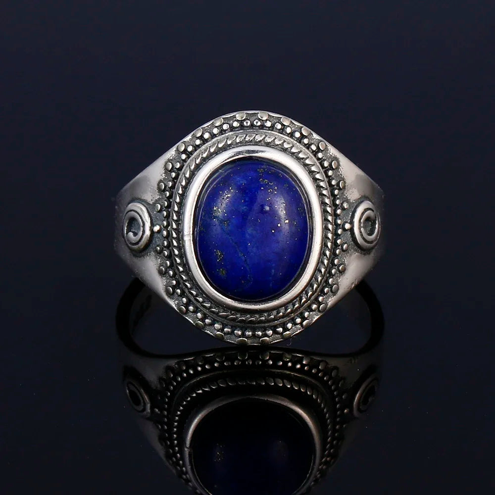 خاتم فضة عيار 925 مرصع بحجر اللازورد الطبيعي الكبير بيضاوي الشكل، مناسب للنساء والرجال، هدية مميزة، خاتم عتيق كبير الحجم، مجوهرات فاخرة بالجملة