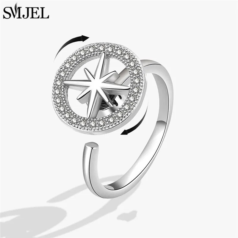 خاتم فاخر مضاد للقلق والاسترخاء للنساء، مرصع بالكريستال على شكل زهرة ونجمة وقمر، مصنوع من المعدن والنحاس، مع حلقة دوارة لتخفيف التوتر، هدية مجوهرات