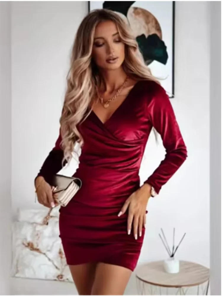 Women's Sexy V-neck Long Sleeved Dress Solid Color Elegant Dresses Fashion Dating Party Autumn Dress vestidos cortos